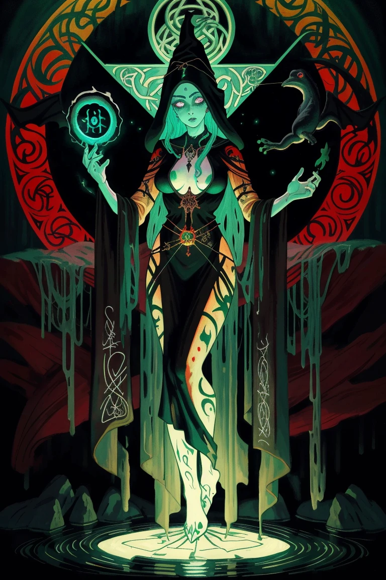 (limited palette: red green black),silhouette,woman, runes, glowing symbols, magic spell, medium breasts, oil painting \(medium\), highly detailed, dmt, witch, geodes, glowing eyes, light flowing in and out of her body, flowing glowing water, metal, frog, art nouveau