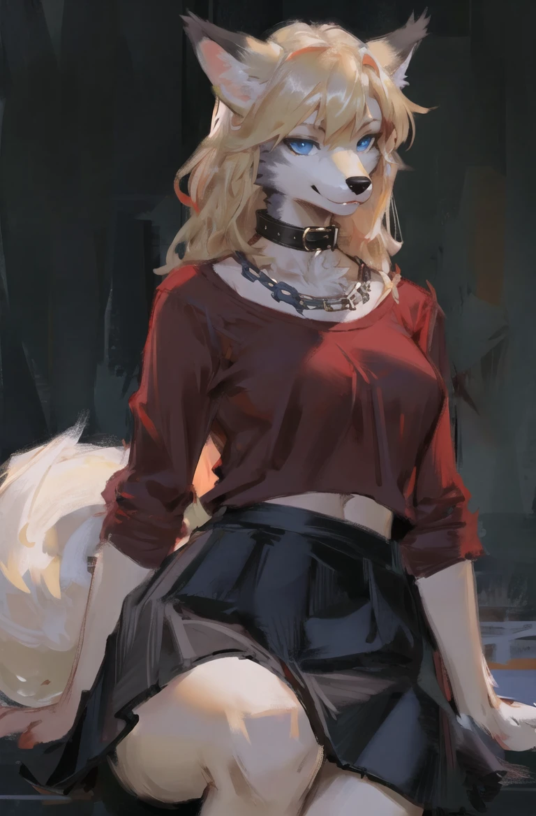 highres,wolf furry girl,chibi,blonde,blue eyes,high detail eyes,
red shirt,(black skirt:1.2),(high detail grey fur :1.4),punk collar, fur paws,looking at viewer,
<lora:æé¨ä¼å:0.7> <lora:Oilpainting:0.3> <lora:bouguereau-01:0.3>