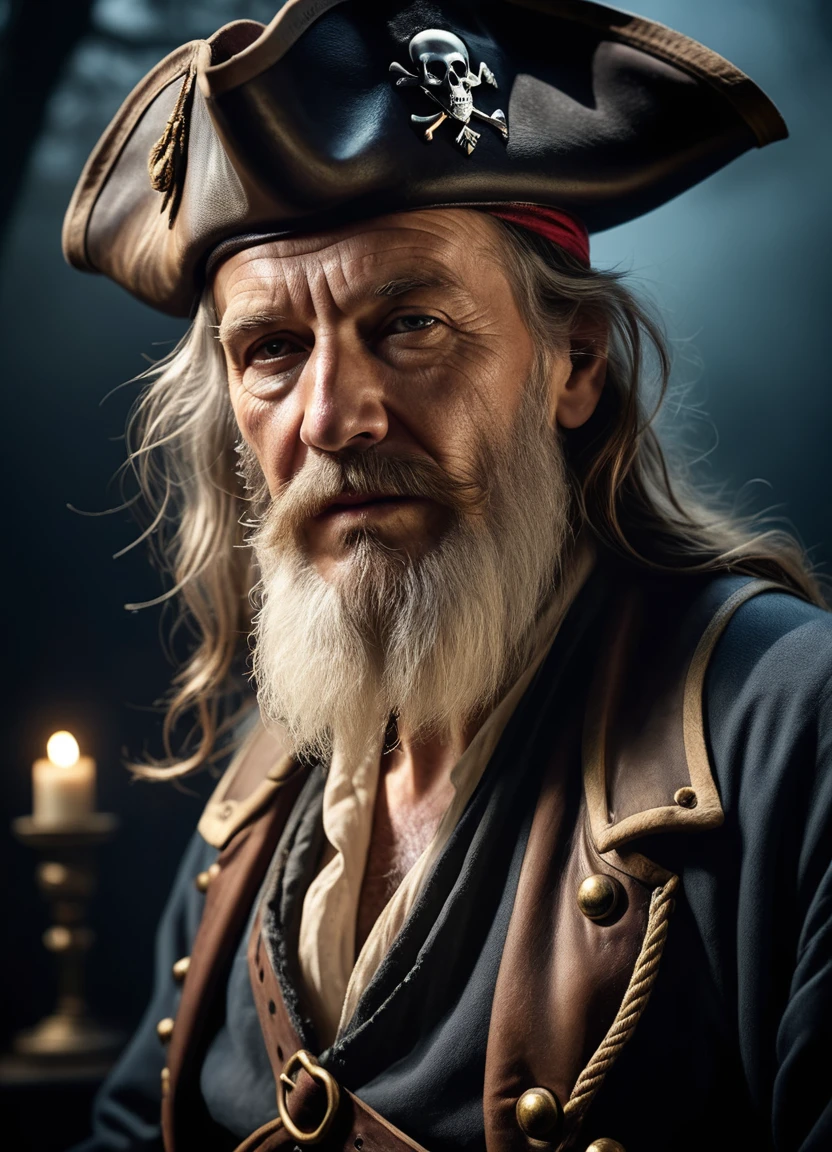 cinematic film still (Digital Artwork:1.3) of (Ultrarealistic:1.3) <lora:FF.102.colossusProjectXLSFW_49bExperimental.LORA:1.6> photo of old pirate man, beard, fog, dark atmosphere, night, close up, cinematic shot, hard shadows, Fujifilm XT3, undefined,CGSociety,ArtStation . shallow depth of field, vignette, highly detailed, high budget, bokeh, cinemascope, moody, epic, gorgeous, film grain, grainy