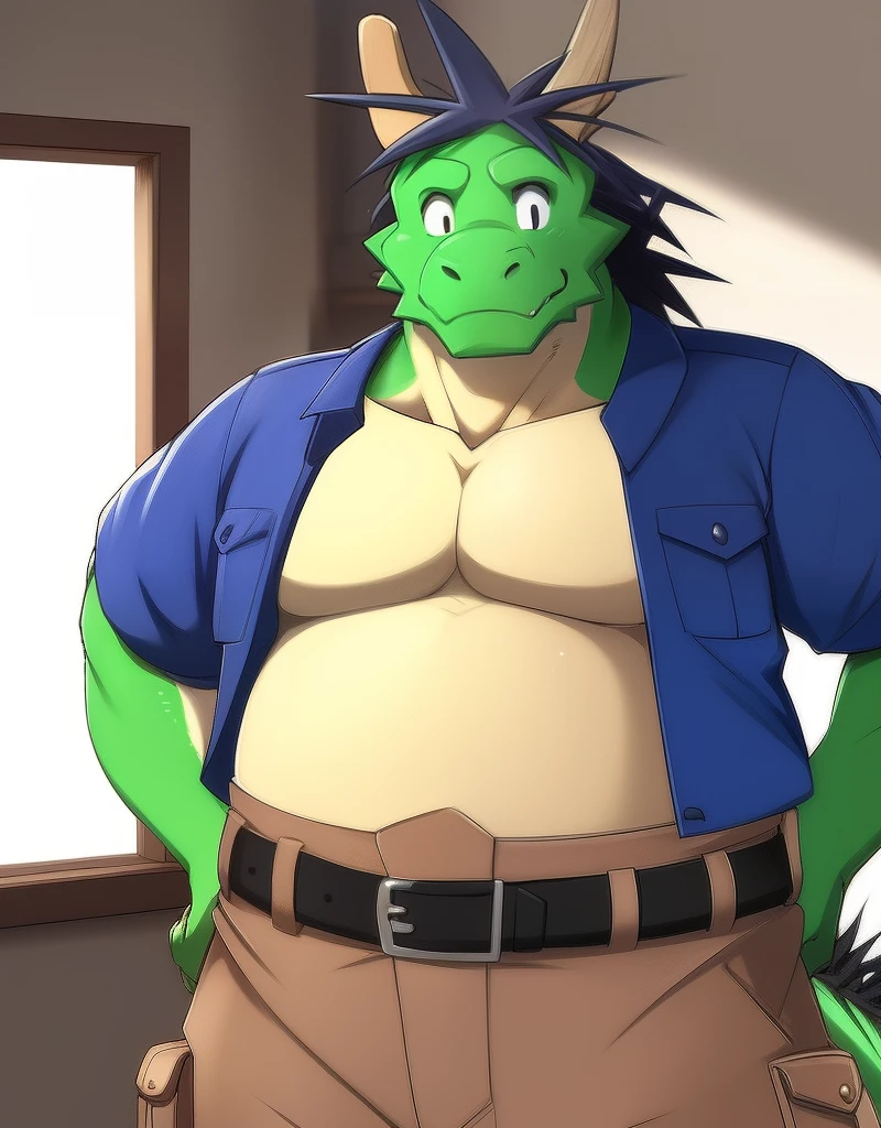 Solo, male, standing, alligator, hungry expression, big face, fangs, blep, thick tongue, green eyes, detailed eyes, overweight, flabby, big, massive, giant, fat, tall, big arms, by hyaku, by ghostfood, by haps, by glitter trap boy, (((blue military uniform, open shirt, pants pulled down, hard penis, exposed penis, no pants, naked bottom, hard red penis, alligator penis, feral penis, wet, precum, detailed crotch))), sitting on chair, legs spread, bare feet, claws, masturbating, stroking penis, holding penis, pleasure, orgasm face (break room, white toom, futuristic), white eyes, black pupils