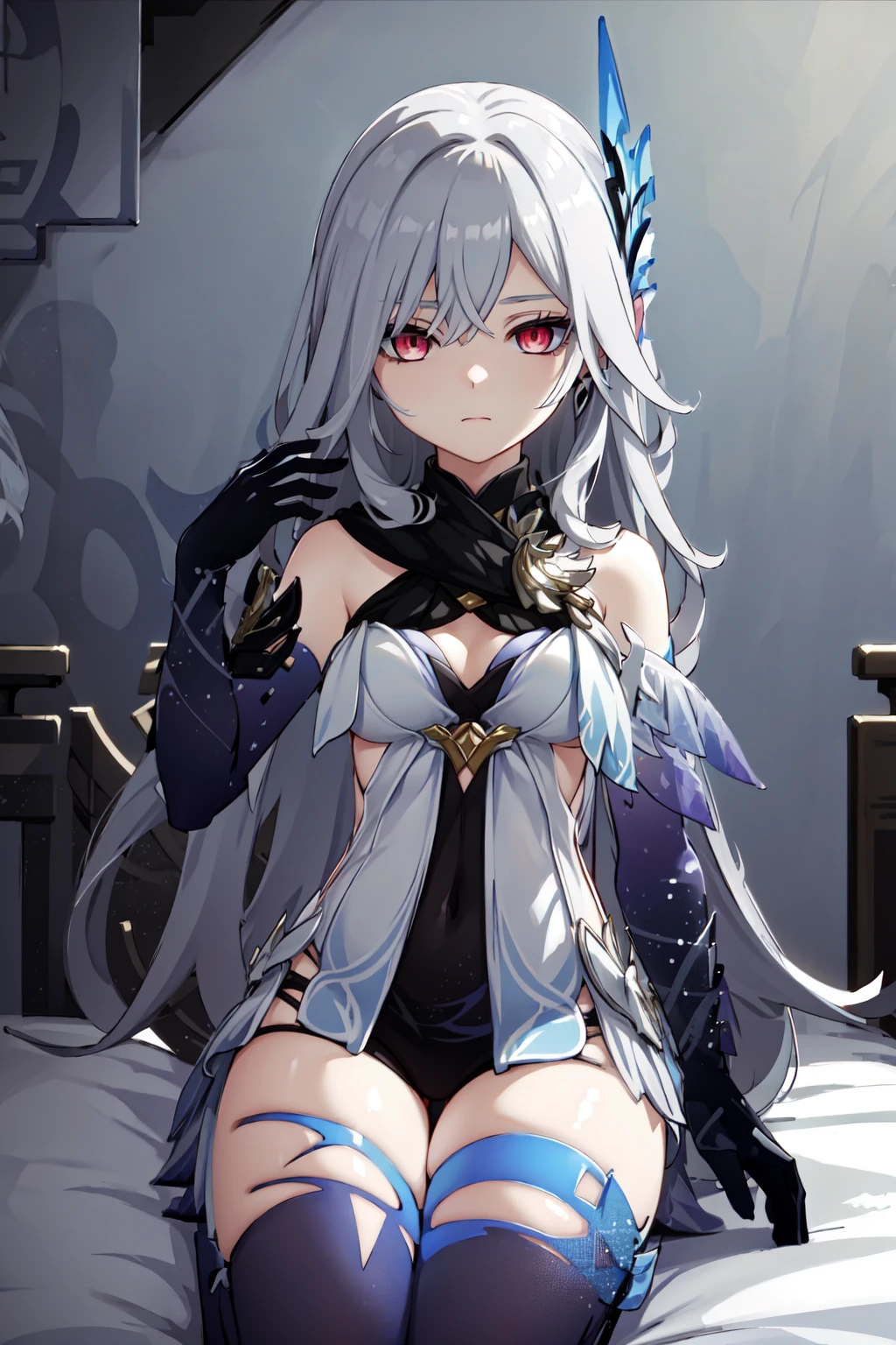 skirk, 1girl, long hair, gloves, black thighhighs, looking at viewer, hair ornament, bangs, elbow gloves, breasts, bare shoulders, dress, closed mouth, grey hair, black gloves, jewelry, red eyes, hair between eyes, earrings, explassionless,
hands up, fullbody, sitting, bedroom
<lora:skirk:1.0>