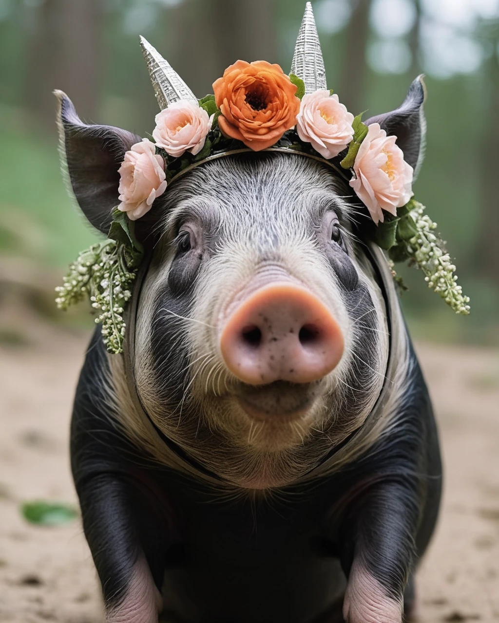 Horror-themed <lora:FF.102.colossusProjectXLSFW_49bExperimental.LORA:1.6>, an photo of a Sparkling Zen Pig wearing a flower crown . Eerie, unsettling, dark, spooky, suspenseful, grim, highly detailed