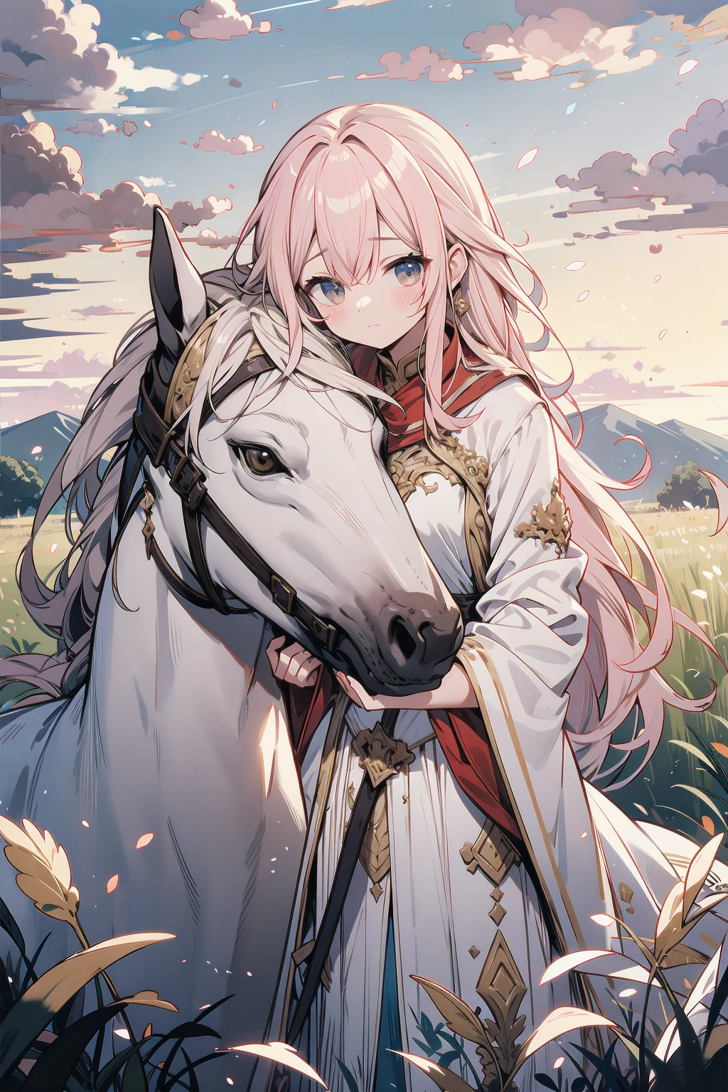 (masterpiece, best quality:1.2), (Intricate detailed:1.2), dreamy landscape, with rolling hills and soft, billowy clouds. The sky is a beautiful shade of pink and orange, the remnants of a stunning sunset. In the foreground, a pair of horses graze peacefully, their coats gleaming in the soft light. A gentle breeze ruffles the tall grasses, creating a sense of calm and tranquility.