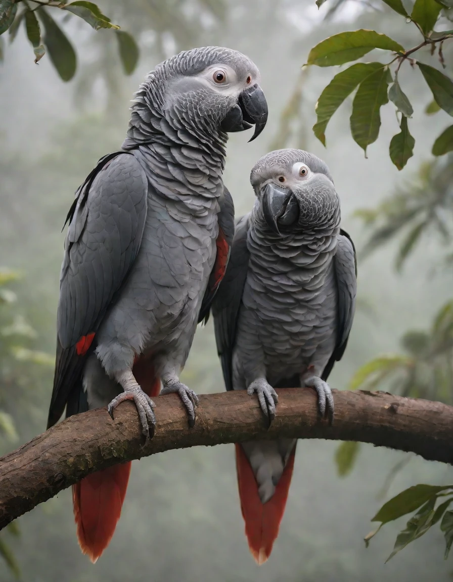A high-resolution (8K:1.3) DSLR capture of (two African Grey parrots cuddling:1.4), intimacy amidst (rainforest whispers:1.1), nestled against the aged (mahogany:1.2) and (ebony trees:1.2), textured (treebark:1.1) in the embrace of (morning fog:1.3), Canon 100mm F2.8 lens articulating fine detail, dawn's soft light piercing the (tropical forest canopy:1.2), a serene tableau of natural affection,