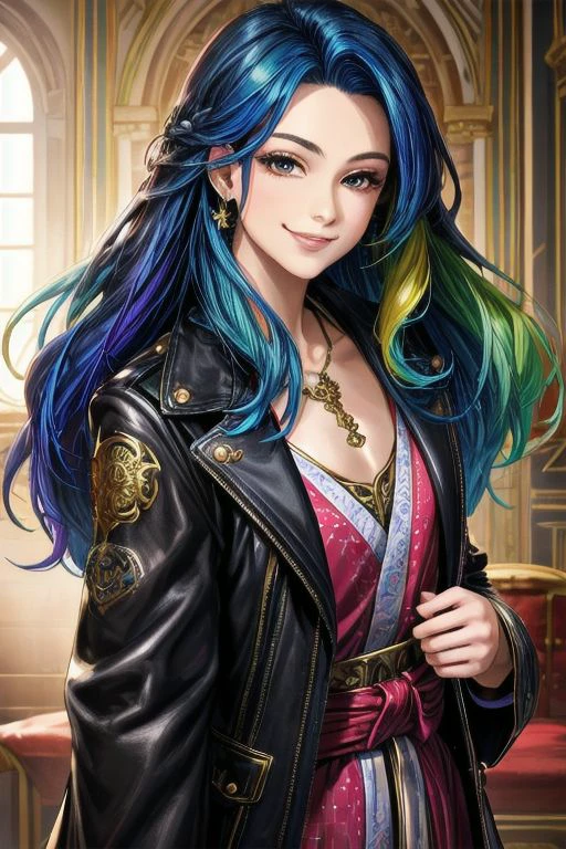 masterpiece, best quality, 1girl, upper body, long blue hair, ornate robe, smile, multicolored hair, rainbow hair, sexy smile, indoors, retro furnishings, semi realistic, smirk , solo , rim lighting , looking at viewer, covered chest, leather jacket