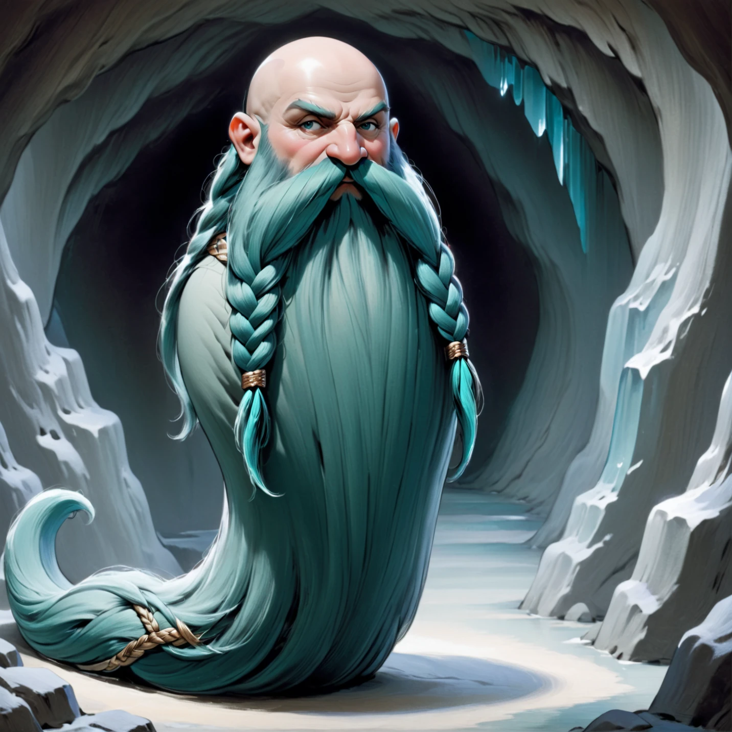 Harry_Dwarf,  long  Teal beard, braided moustache, bald, bangles, <lora:Harry_Dwarf_1.5:1>, Standing in a crystal cave