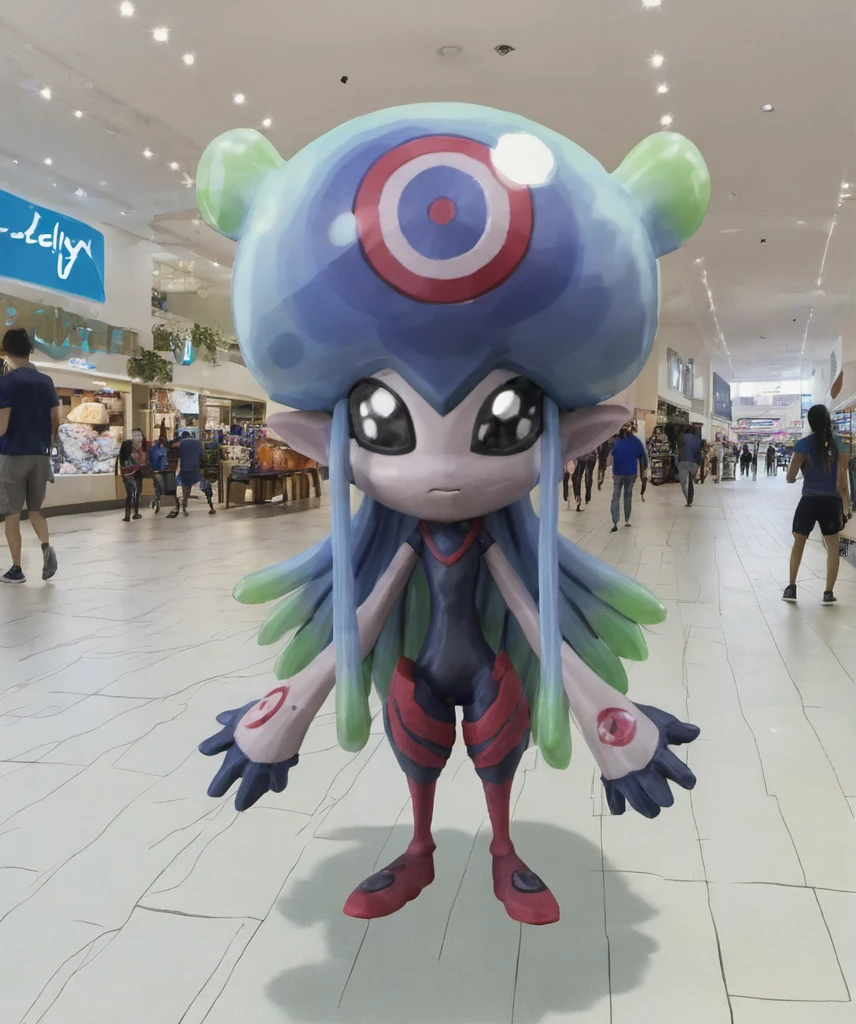 solo,photo a realistic jellymon in a shopping mall,realistic,raw photo, <lora:JellymonXL:0.9>