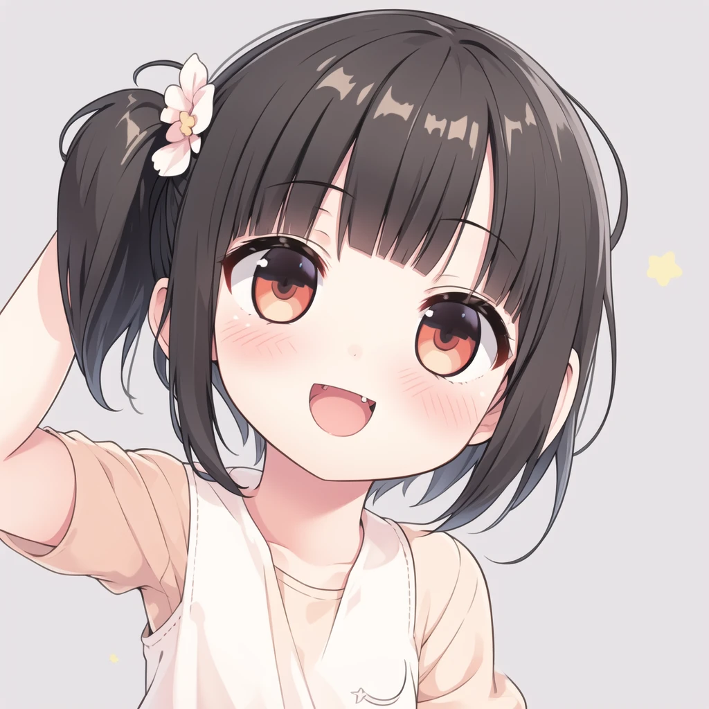 best_quality,masterpiece,1_girl,  <lora:cura:0.6>,  smile, fang, black hair, short hair,bangs, open mouth, side ponytail,arm up,  blunt bangs, flipped hair