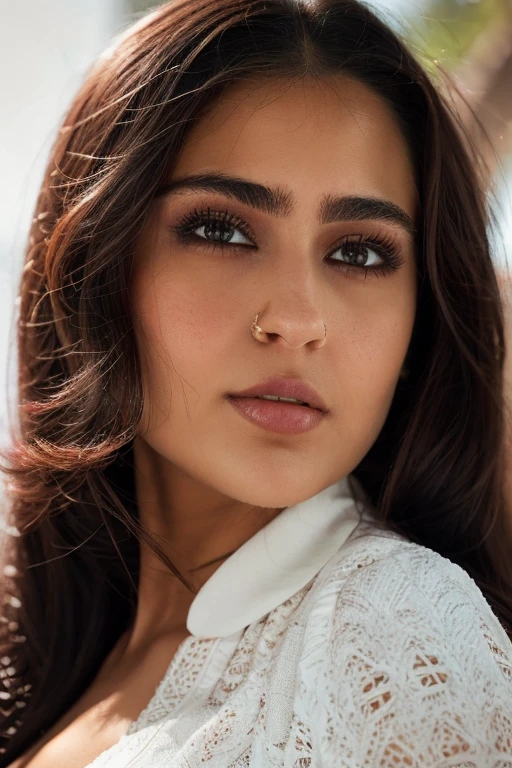 (photo of a gorgeous woman), (professional photography), (wearing white blouse), (close portrait), masterpiece, best quality, (eye contact), (looking at the viewer), centred, (shot from front), ((soft even lighting)), blurred_background, proportional, <lora:Sara_Ali_Khan-10:0.85>