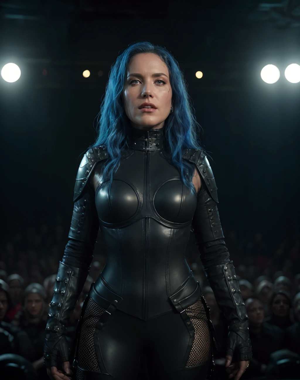 concept art cinematic film still breathtaking (realistic, photorealistic), a 30 years old woman singing heavy metal at stage, wearing bdsm suit, (high quality skin:1), (high detailed face skin:1.1), (realistic iris:1.1), (realistic pupils:1.1), (skin pores, skin imperfections),
<lora:quiron_AlissaWhiteGluz_v4_lora:0.87> alissawhitegluz_woman, . award-winning, professional, highly detailed . shallow depth of field, vignette, highly detailed, high budget Hollywood movie, bokeh, cinemascope, moody, epic, gorgeous, film grain, grainy . digital artwork, illustrative, painterly, matte painting, highly detailed