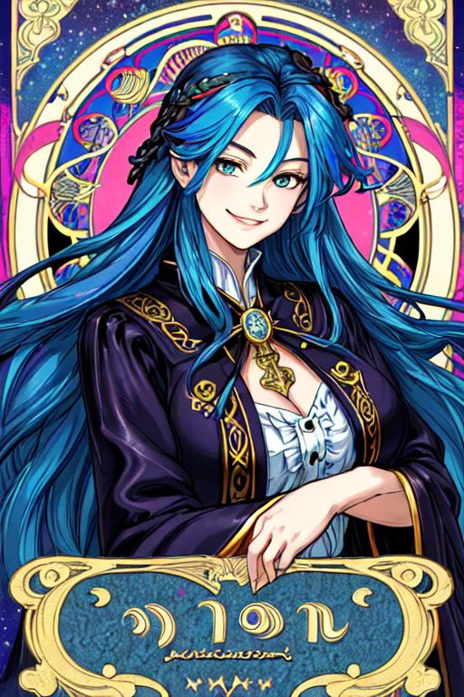 masterpiece, best quality, 1girl, upper body, long blue hair, huge breasts, leaning forward, ornate robe, smile, multicolored hair, rainbow hair, sexy smile, looking at the viewer, smirk , solo , rim lighting , illustrated background , art nouveau themes, RAW, Canon Eos style, Paper Doll theme, looking at viewer, covered chest, leather jacket