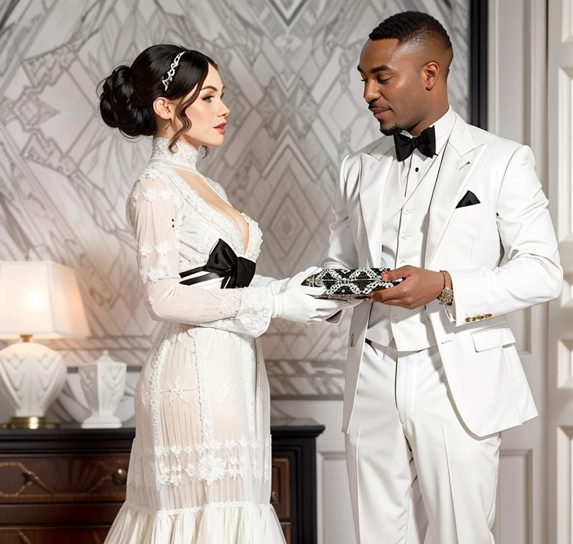 a sexy white woman in a dress tempting and seducing a black African milkman wearing a white suit,
<lora:1910_dress_v1:1> 1910_dr3ss