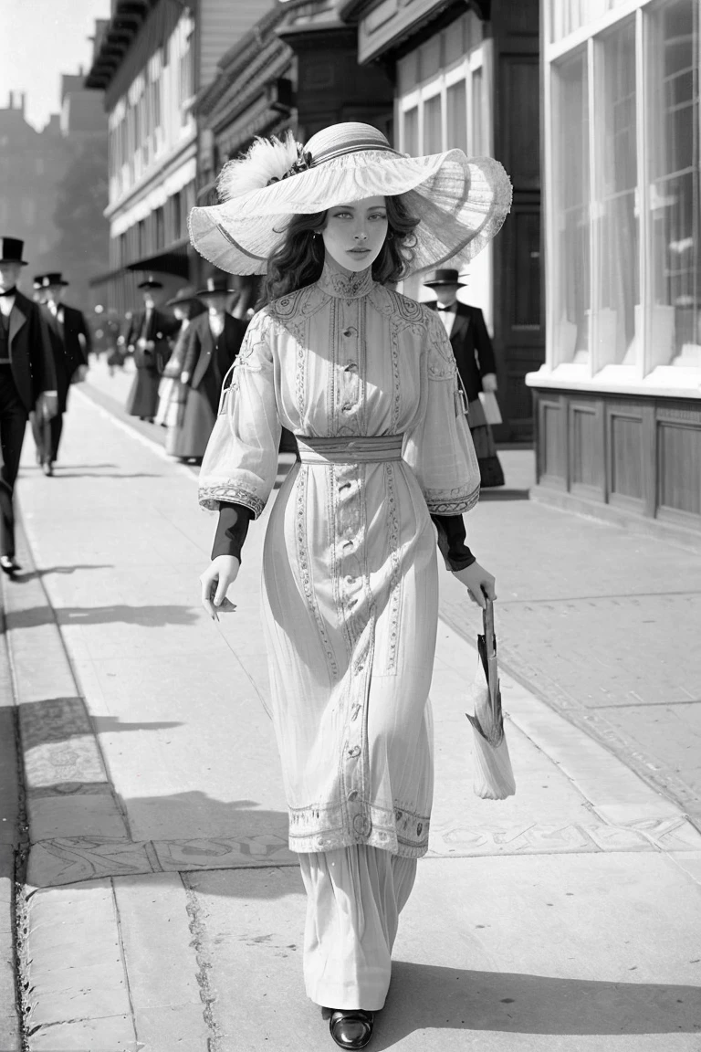 1910 vintage photo of evelynnobodysd15 wearing a plain dress and small straw hat walking down the sidewalk <lora:1910_dress_v1:1> 1910_dr3ss