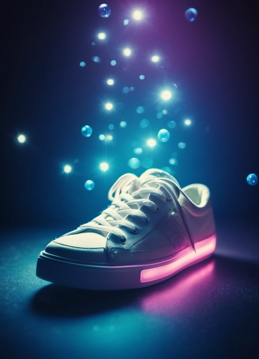 cinematic film still <lora:FF.101.juggernautXL_version6Rundiffusion.LORA:1> sneakers, bioluminescent, bright luminescence white light, made out of light beams, bubbles, particles, sparkles, glitch . shallow depth of field, vignette, highly detailed, high budget, bokeh, cinemascope, moody, epic, gorgeous, film grain, grainy