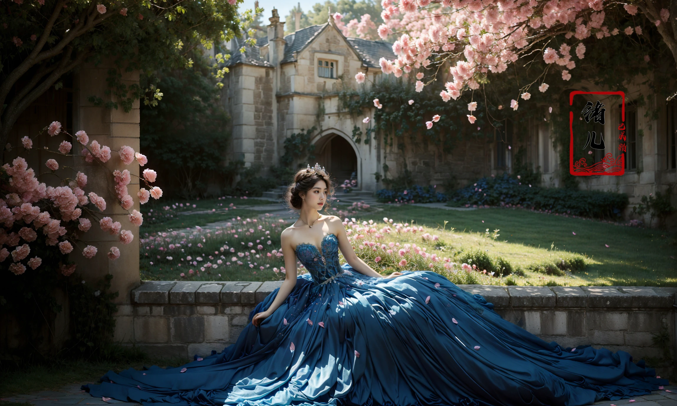 (masterpiece, top quality, best quality, official art, beautiful and aesthetic:1.2),(fractal art:1.2) (Scattered petal:1.6)Outdoors, (castles background:1.5)super vista, super wide AngleLow Angle shooting, super wide lens,
1girlsoloflowerjewelrypurple blue dressbare shoulders
petalstiaranecklacePeacock (full body:1.5), Crossed legs, sitting, Milky skin, (shiny skin:1.5)
<lora:~Q?-[TQlN; Peacock:0.8>