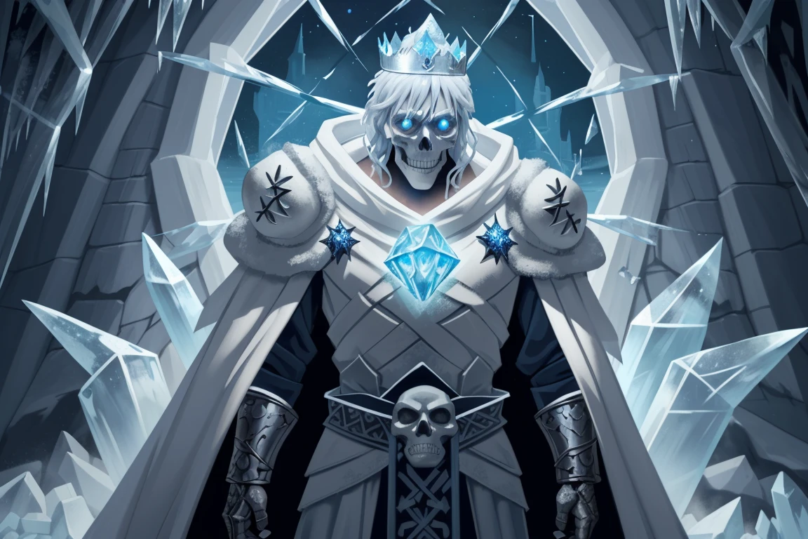 skeleton man, mage robe, runes, his skull is covered in icicles and frost, wearing a face mask, glowing eye sockets, wearing a frozen blue crown, greaves, intricate carving, standing, starry sky, fractal ice, inside ice castle, backlighting, realism, masterpiece, soft lighting, intricate detail,
