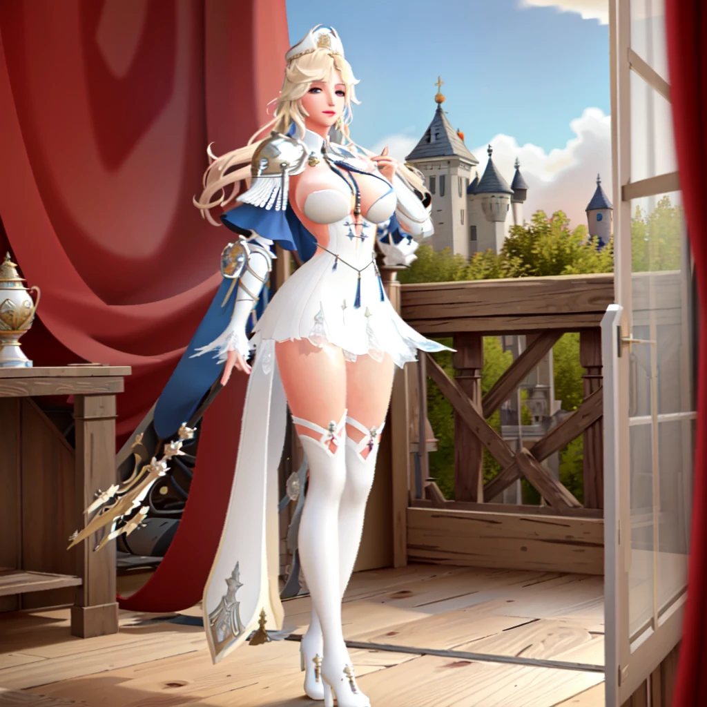 masterpiece, higres, best quality, blurry, sfw, royal hallway, castle, light, sunny, standing, holding a cup of tea, window, wind, red curtains, back_view, Epona_(vindictus), long hair, looking at viewer, blue eyes, blonde hair, large breasts, thighhighs, gloves, dress, cleavage, cape, white dress, armor, high heels, white thighhighs, white footwear, shoulder armor, lips, capelet, white headwear, white skirt, warm smile, open mouth, happy, eyes half closed, looking at viewer, <lora:Epona1_lora:0.8>