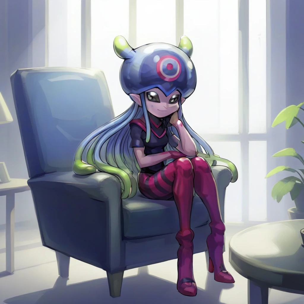 1girl,solo,jellymon sitting in a chair and looking looking at viewer, 2d,anime style, <lora:JellymonXL:1>