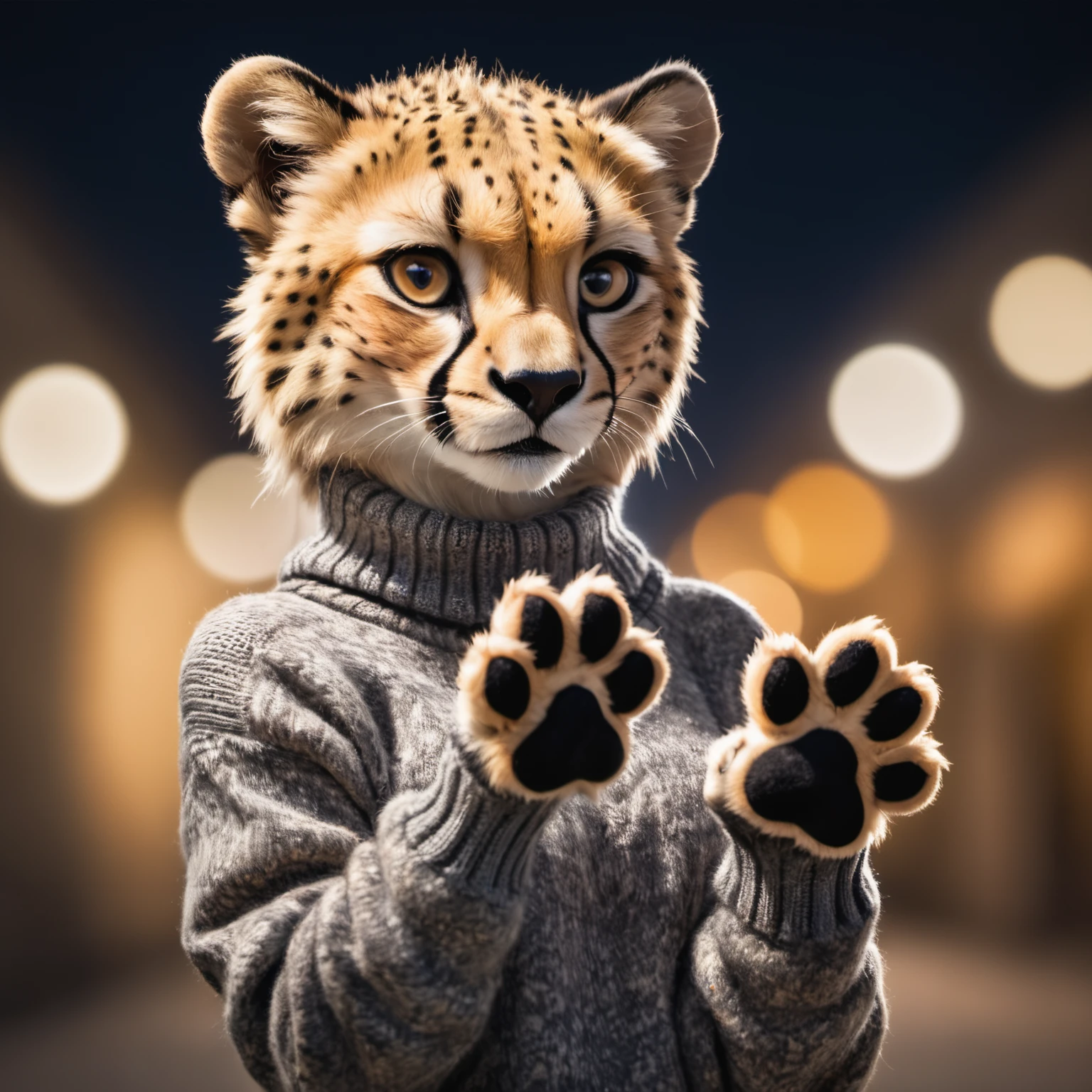 Closeup of an anthro furry cheetah female wearing a wool sweater, paws, paw pads towards viewer, high quality photography, 3 point lighting, flash with softbox, 4k, Canon EOS R3, hdr, smooth, sharp focus, high resolution, award winning photo, 80mm, f2.8, bokeh