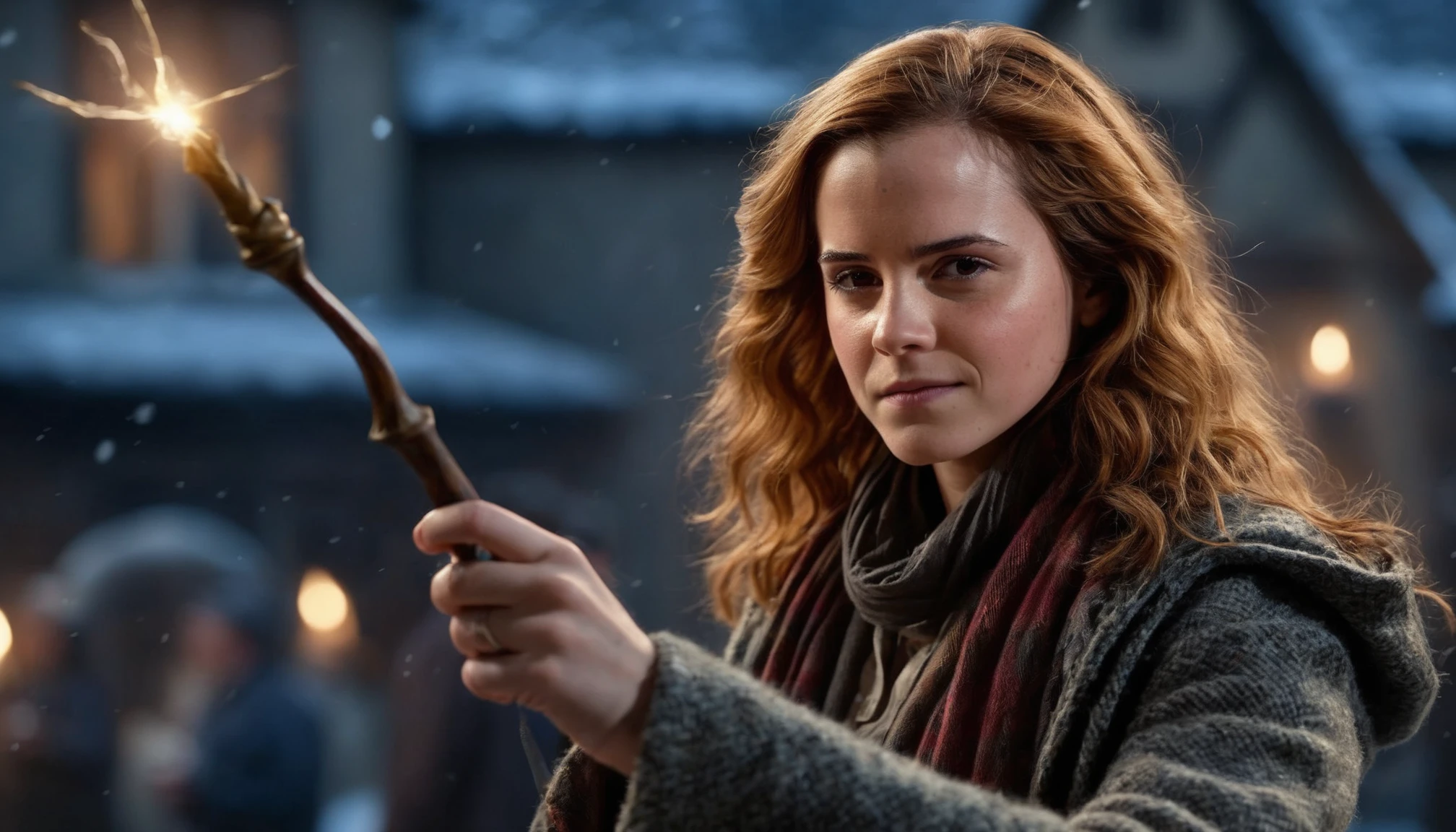 cinematic film still beautiful cottagecore ((ohwx woman)) as hermione holding a wooden magic wand. intricate, elegant. highly detailed, digital painting, artstation, concept art, smooth, sharp, focus, <lora:watson_lora_v2_128:1> . shallow depth of field, vignette, highly detailed, high budget, bokeh, cinemascope, moody, epic, gorgeous, film grain, grainy