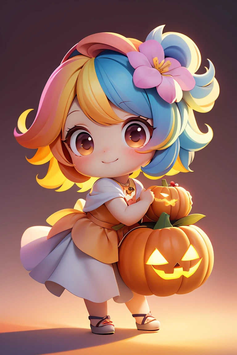 chibi, masterpiece, best quality, original, official art,Cute,full body,beautiful eye,colorful ombre hair,rainbow gradient , jack-o'-lantern,outfit,smilling,bokeh,bloom,blurred background,<lora:GoodHands-beta2:1>, cartoon rendering,