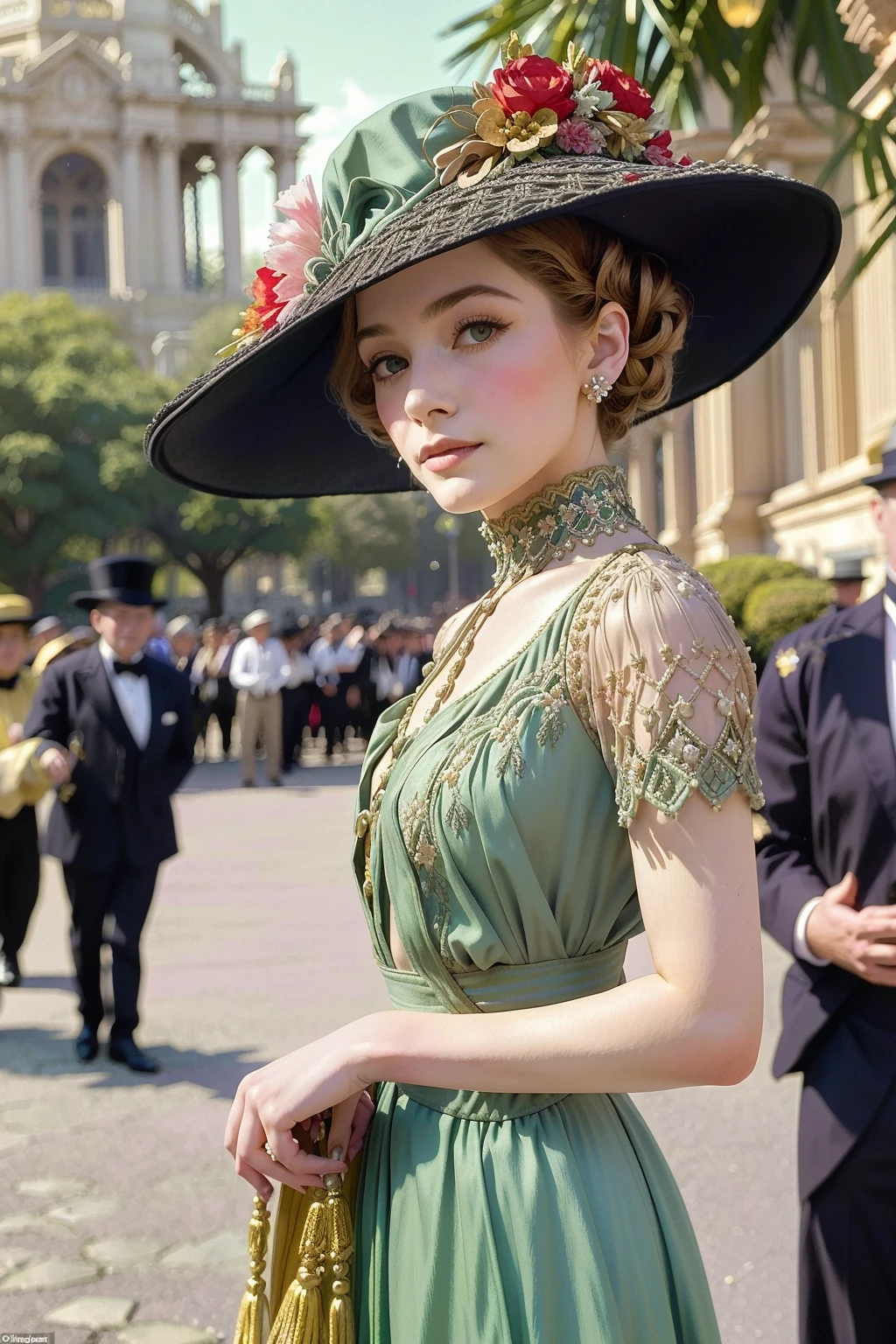 vintage color photograph of a beautiful woman wearing a dress and a hat at the PanamaâPacific International Exposition in San Francisco in 1915, detailed face, in a crowd of men, outdoors, Palace of Fine Arts in background, <lora:1910_dress_v1:1> 1910_dr3ss,