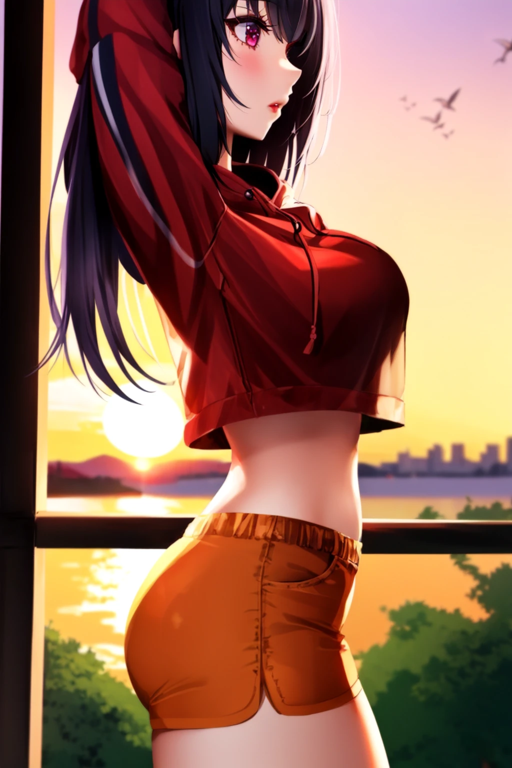crop top overhang, 1girl , hoodie, from side, dolphin shorts, thighs, sunset, long hair, <lora:crop_top_overhang_v1:1>
