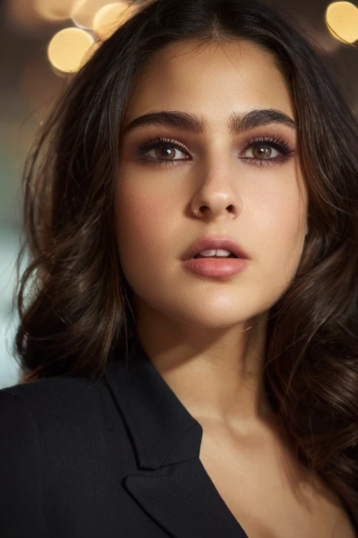 <lora:Sara_Ali_Khan-10:0.85>, Photography of a woman, beautiful gorgeous face, ((close body)), (wearing black blazer), cute, ((dark brown iris)), perfect body, cinematic lighting, bokeh, 8k, uhd, soft shadows, masterpiece, (very detailed face lips eyes), round medium boobs, long brunette hair, ((extremely proportional)), ((hyper detailed)), ((photorealistic)), ((absolutely gorgeous face))