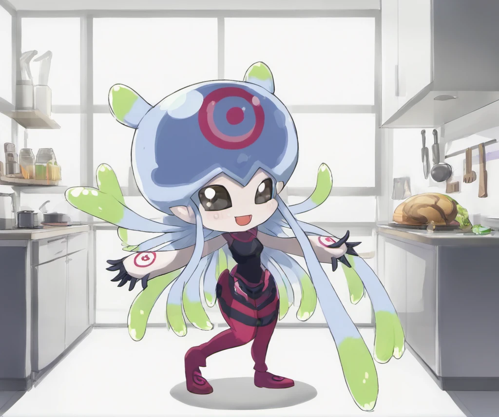 1girl,full body,indoors,solo,a chibi jellymon maid in the kitchen,anime, <lora:JellymonXL:0.9>
