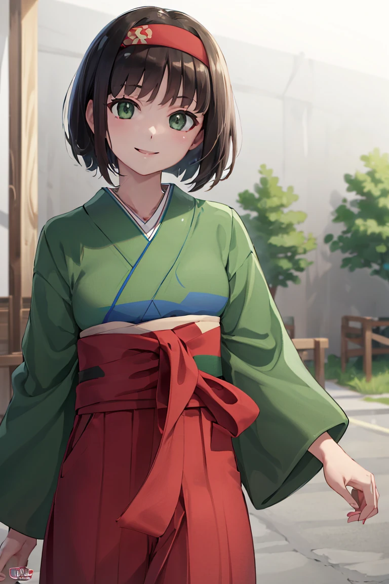 <lora:Sameyama_Jiro_Style_Dim32 :0.8>,((masterpiece,best quality)), absurdres, <lora:Erika_Pokemon_Anime_Dim32:0.8>, Erika_Pokemon, green eyes, short black hair, kimono, hakama, red hairband, solo, smiling, looking at viewer, cowboy shot, cinematic composition,