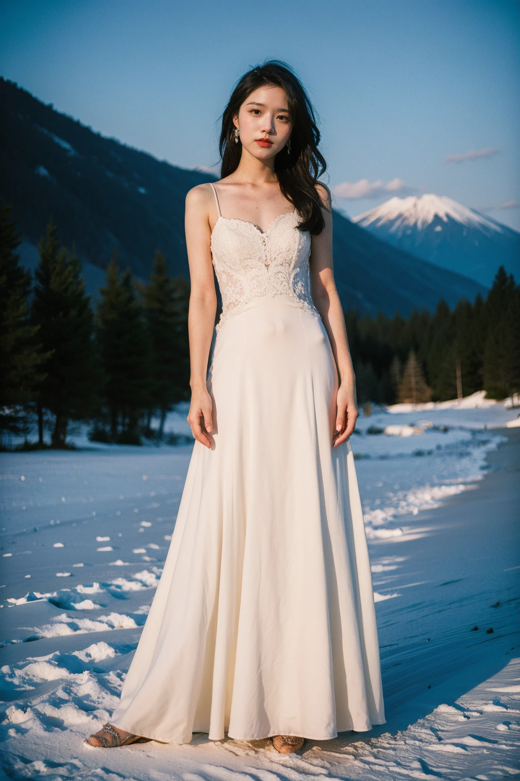 Best Quality,Masterpiece,Ultra High Resolution,(Realisticity:1.4),Original Photo,
1 girl,snow mountain,super long wedding dress,Fuji color professional 400,dusk,photography,full body photo,
