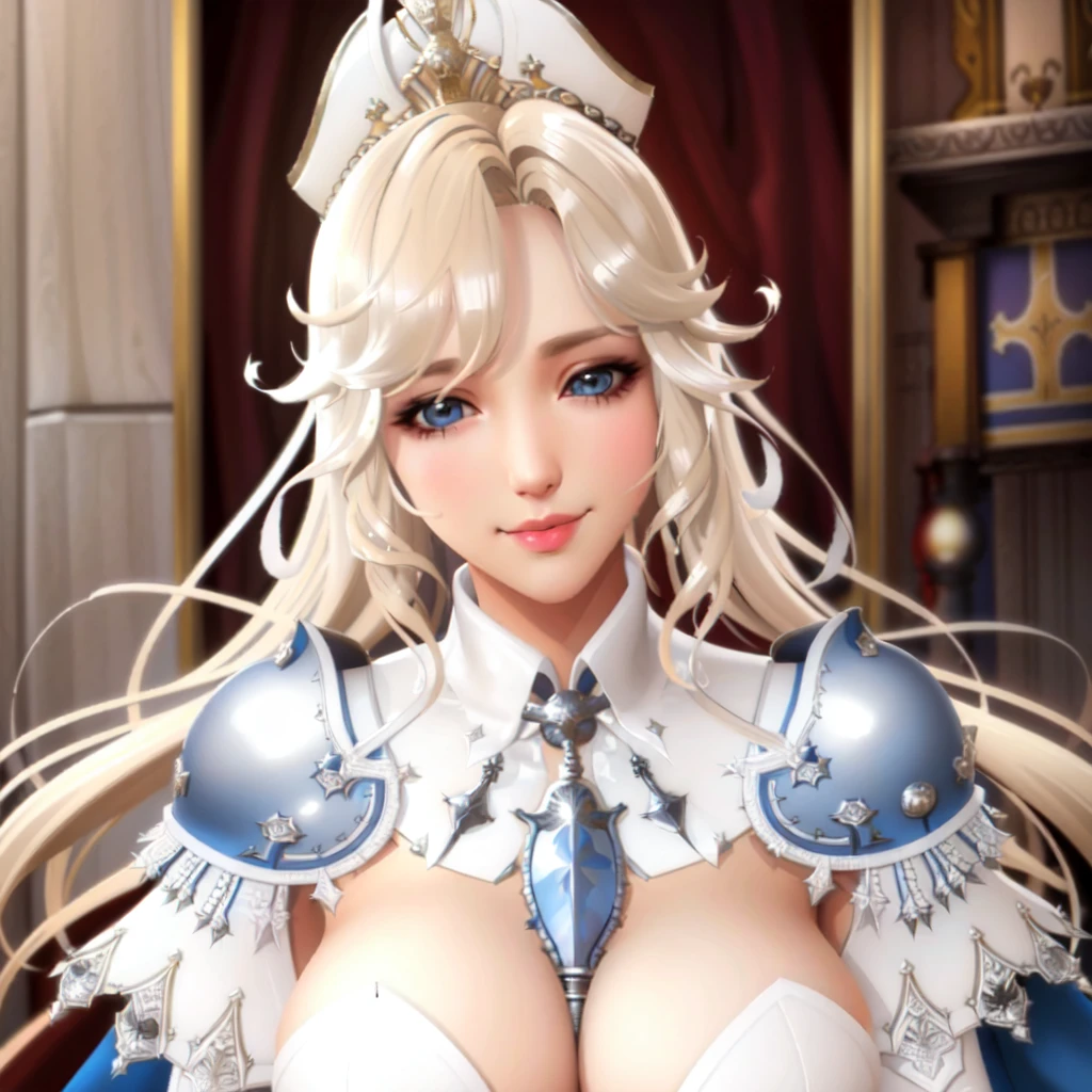 royal bedroom, (upper body, portrait:1.4), masterpiece, higres, best quality, blurry, Epona_(vindictus), long hair, looking at viewer, blue eyes, blonde hair, large breasts, thighhighs, gloves, dress, cleavage, cape, white dress, armor, high heels, white thighhighs, white footwear, shoulder armor, lips, capelet, white headwear, white skirt, warm smile, happy, looking at viewer, <lora:Epona1_lora:0.8>