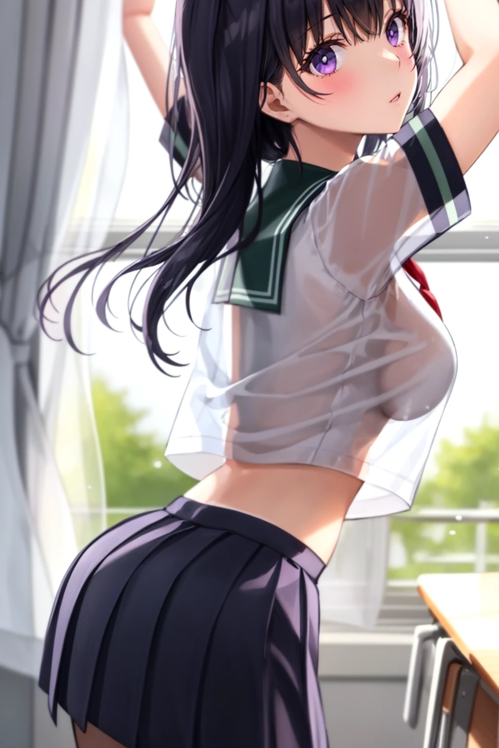 crop top overhang, 1girl , classroom, school uniform, arching back, see-through silhouette, pleated skirt, <lora:crop_top_overhang_v1:0.8>