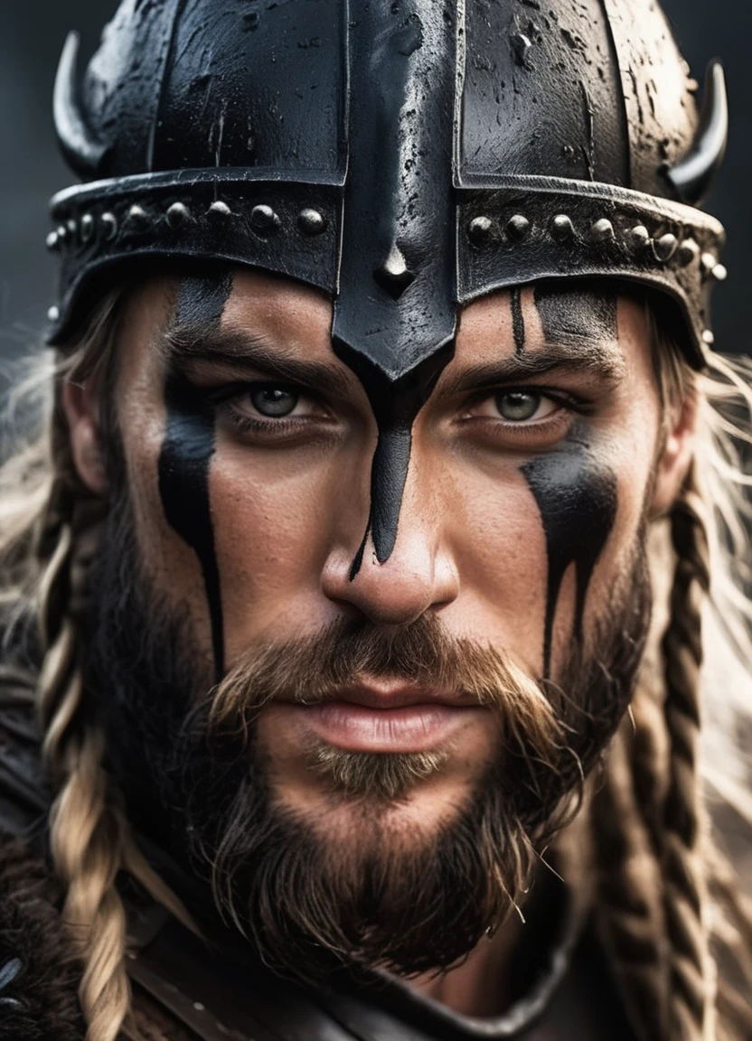 breathtaking (Photo:1.3) of (Ultrarealistic:1.3) <lora:FF.101.juggernautXL_version6Rundiffusion.LORA:1.6> A close-up shot of a fierce Viking King, covered in dripping wet black mud, wearing a dark metal helmet with imposing black horns. His dark warpaint and scruffy black beard emphasize his angry expression, while a scar on his face tells a story of battles fought. The scene is bathed in cinematic lighting with dramatic volumetric rays, creating a moody and intense atmosphere. The Viking King grips his menacing Viking Axe,Highly Detailed . award-winning, professional, highly detailed