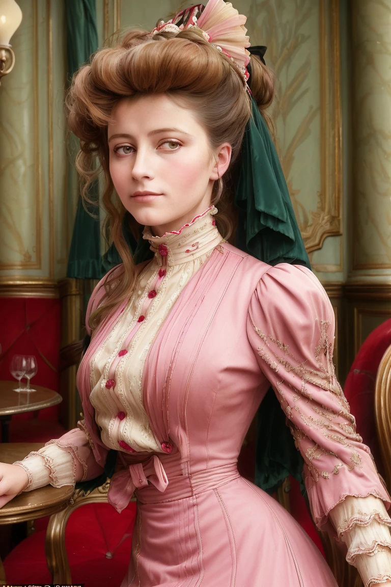 masterpiece, uhd, sharp color photo of a pretty lady wearing a high-neck layered dress, with a hit on, at a Parisian cafe <lora:1905_dress_v1:1> 1905_dr3ss