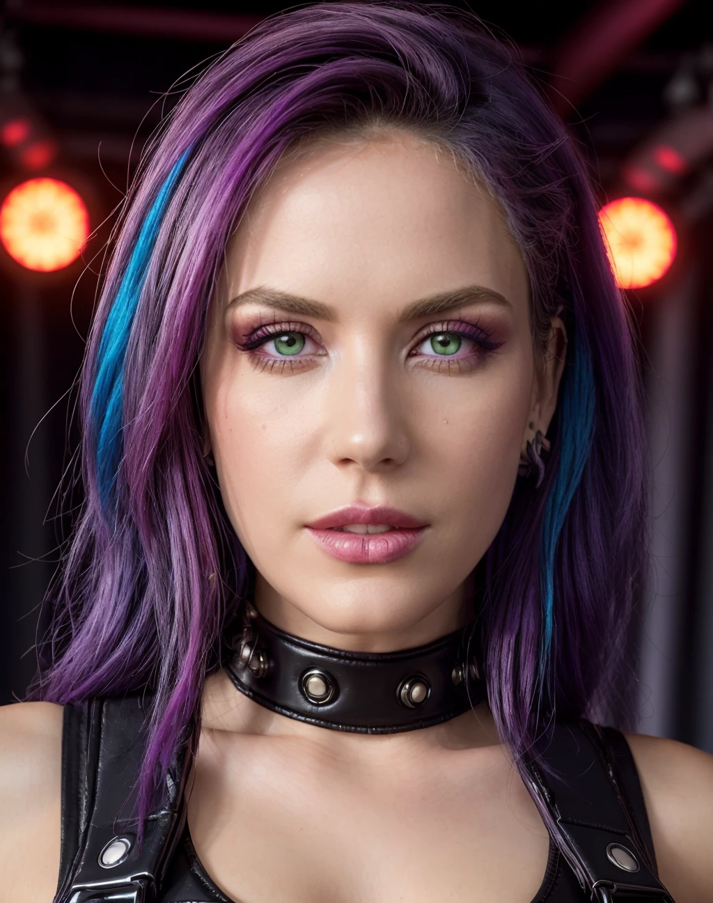 neonpunk style breathtaking (realistic, photorealistic), a 30 years old woman singing heavy metal at stage, wearing bdsm suit, (high quality skin:1), (high detailed face skin:1.1), (realistic iris:1.1), (realistic pupils:1.1), (skin pores, skin imperfections),
<lora:quiron_AlissaWhiteGluz_v4_lora:0.87> alissawhitegluz_woman, . award-winning, professional, highly detailed . cyberpunk, vaporwave, neon, vibes, vibrant, stunningly beautiful, crisp, detailed, sleek, ultramodern, magenta highlights, dark purple shadows, high contrast, cinematic, ultra detailed, intricate, professional