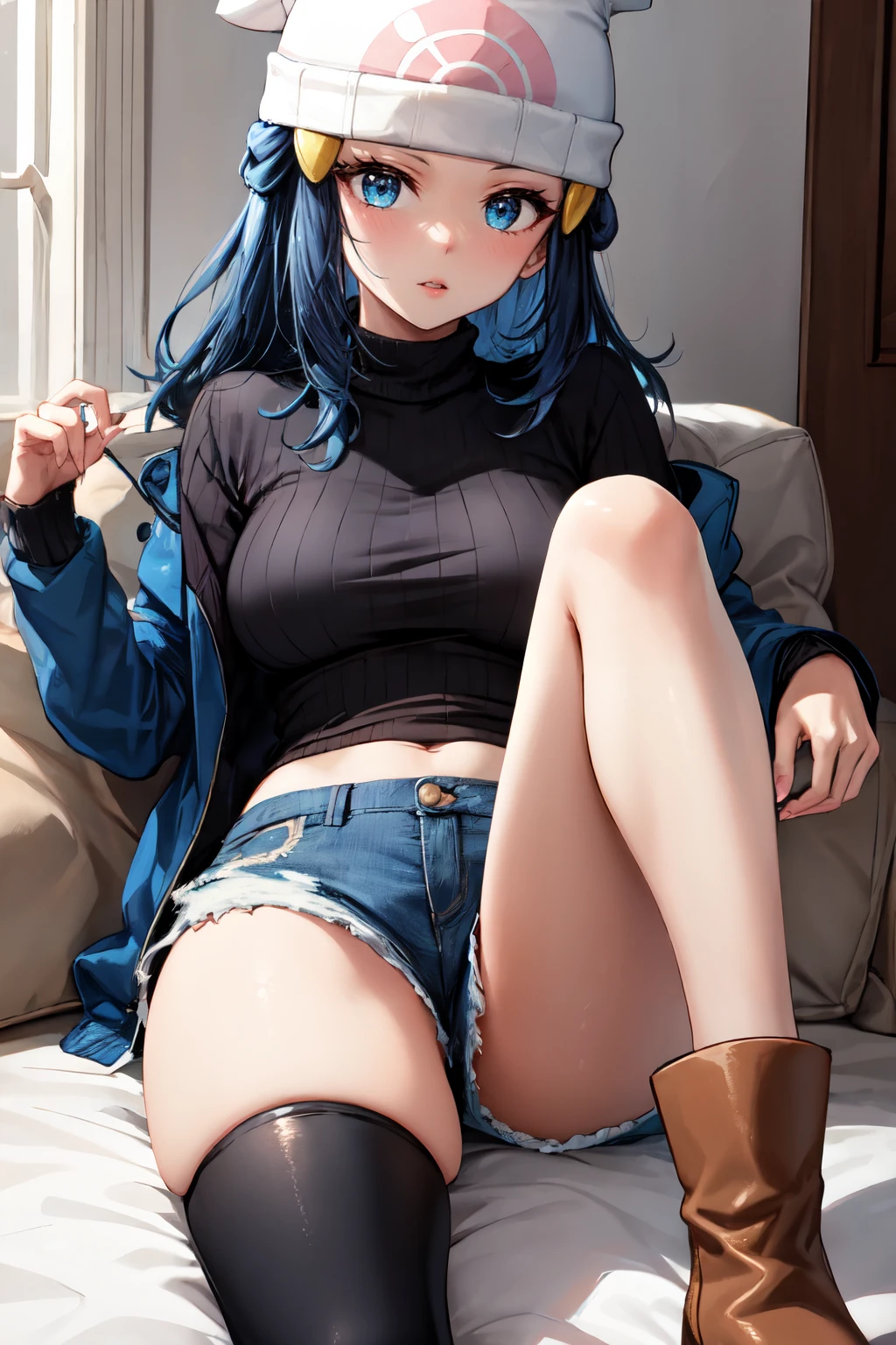 <lora:dawn_v2:1> dawn pokemon, long hair,  blue eyes, dark blue hair, beanie, hairpin, 1girl,solo,   parted lips, Leather shorts, oversized sweater, ankle boots