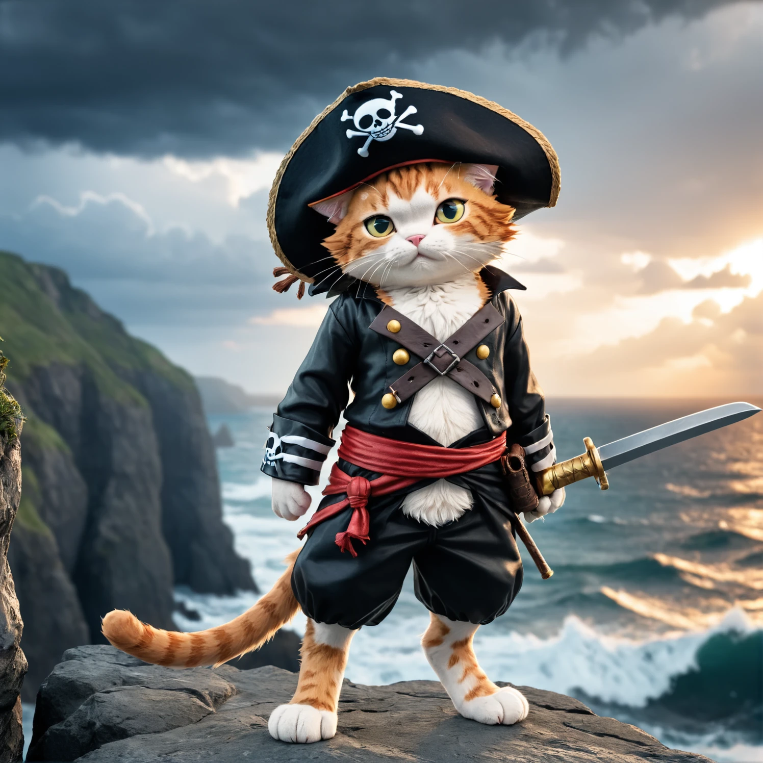 a cute cat pirat one piece outfit wearing a staw hat he is raising his saber and is standing on a cliff and is looking down on an stormy ocean a new dawn is rising on the horizont, high quality photography, 3 point lighting, flash with softbox, 4k, Canon EOS R3, hdr, smooth, sharp focus, high resolution, award winning photo, 80mm, f2.8, bokeh