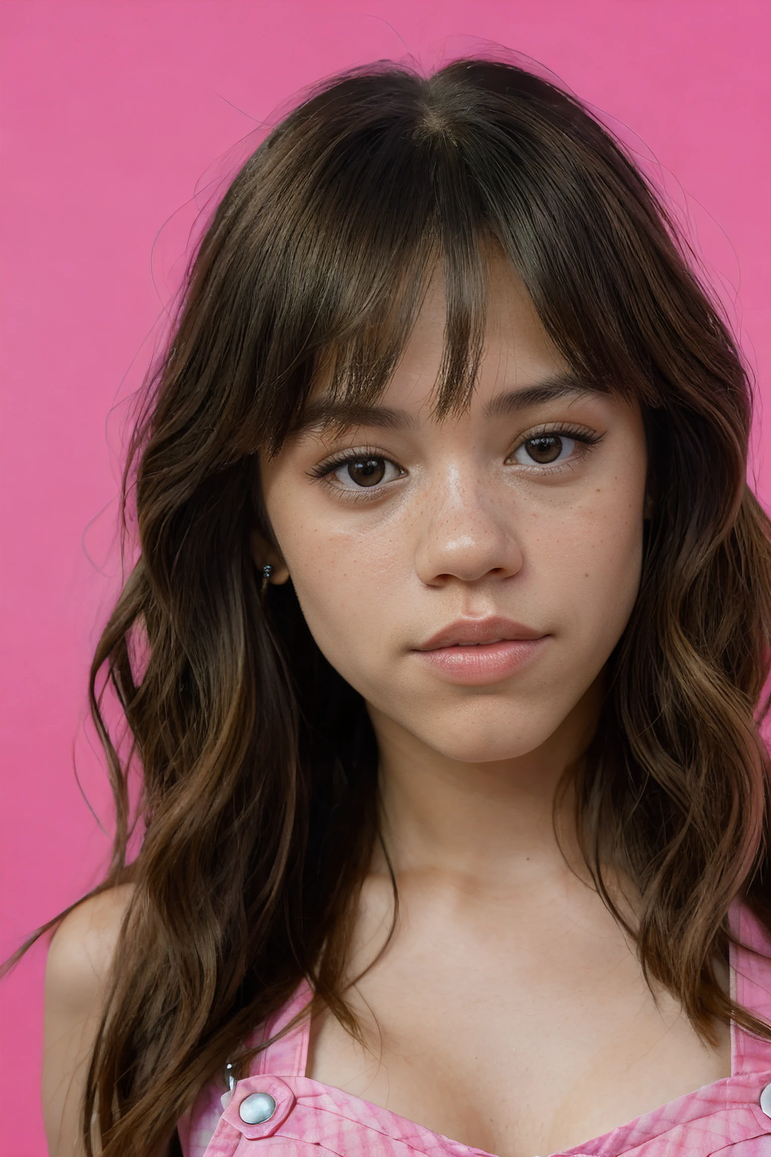 jenna ortega, long hair, bangs,
pink overalls, studs, t shirt, detailed skin, young,
headshot, simple solid background, closeup head-shot, realistic,
<lora:Jenna_Ortega_V1:0.7>, <lora:breastsizeslideroffset:-0.6>