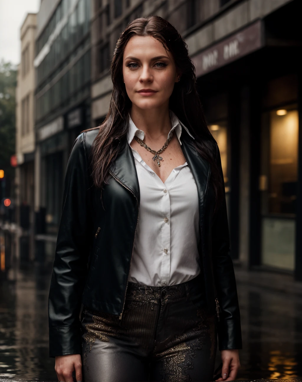 breathtaking cinematic photo quiron_floorjansen, <lora:quiron_FloorJansen_v12_lora:0.78> a woman,
(best quality:1.25), (masterpiece:1.15), (detailed:1.15), (realistic:1.2), Dappled Light, (look at viewer), cinematic light, side lighting, ultra high res, best shadow, (Dutch angle:1.1), lightroom, cinematic, (intricate:1.4), high quality, intricate details, low contrast,  abs, detailed background, jewelry, jacket, pants, necklace, white collared shirt, formal, , Rainy Day: The diffused light and wet surfaces on a rainy day can create a moody and atmospheric environment, perfect for capturing reflections and street photography.,     . 35mm photograph, film, bokeh, professional, 4k, highly detailed . award-winning, professional, highly detailed