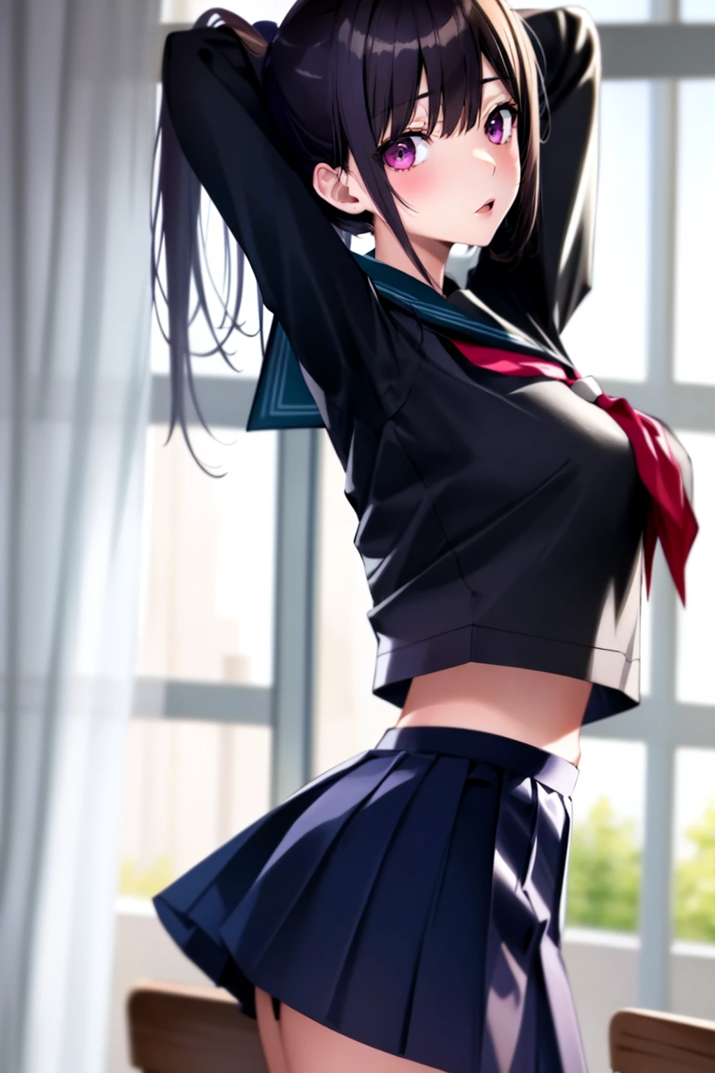 crop top overhang, 1girl , school uniform, serafuku, arching back, classroom,    <lora:crop_top_overhang_v1:1>