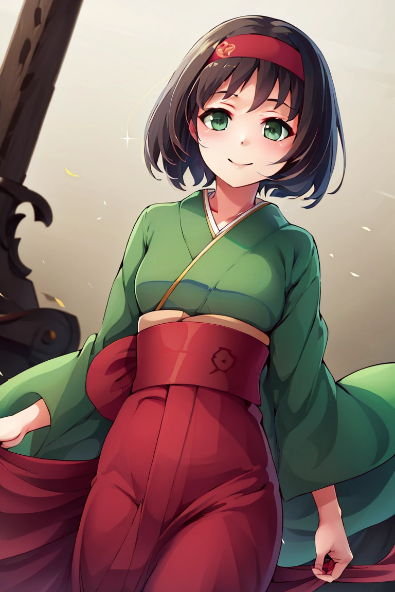 <lora:ricegnat_style:0.8>,((masterpiece,best quality)), absurdres, <lora:Erika_Pokemon_Anime_Dim32:0.8>, Erika_Pokemon, green eyes, short black hair, kimono, hakama, red hairband, solo, smiling, looking at viewer, cowboy shot, cinematic composition,