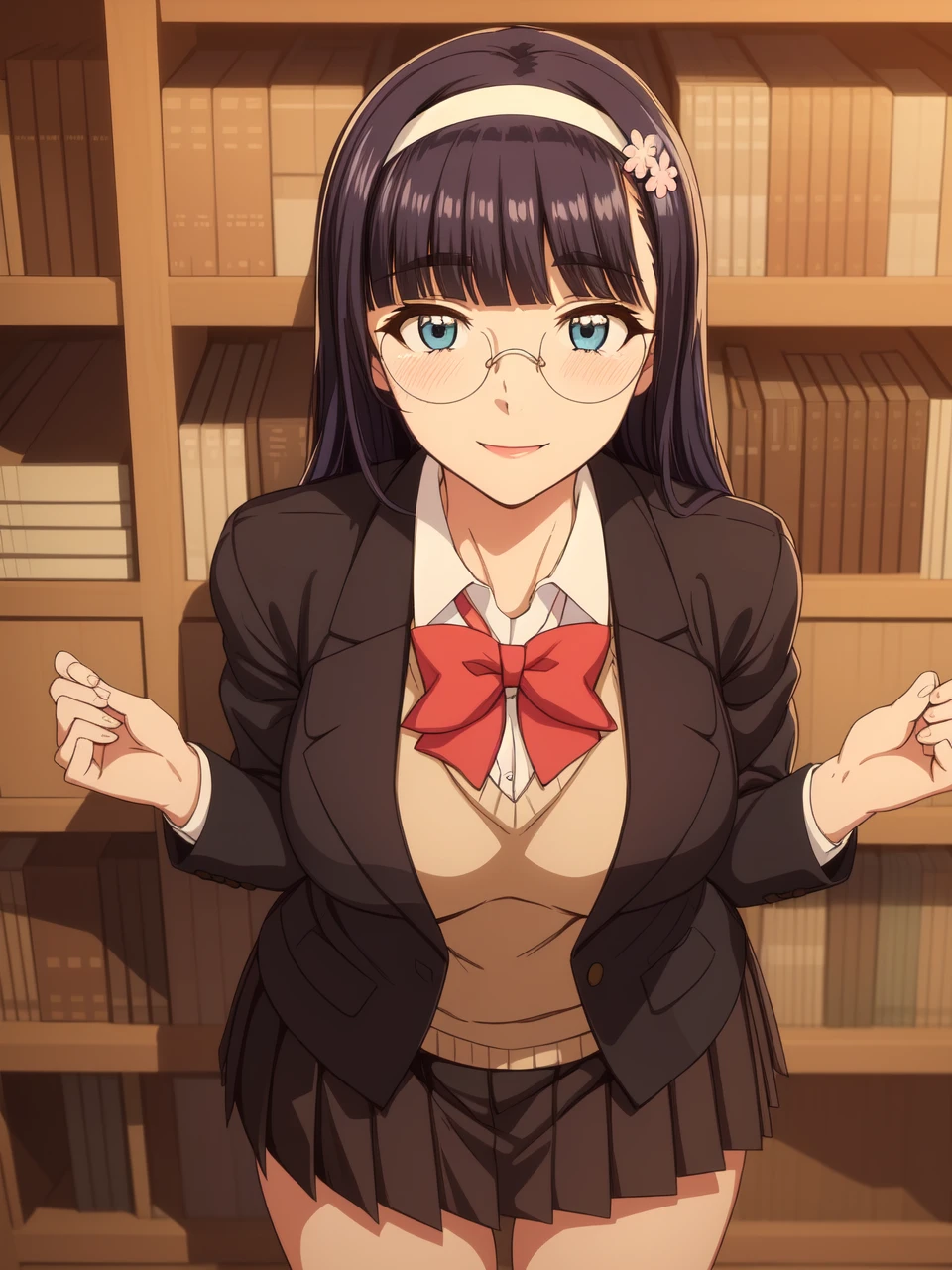 masterpiece, highest quality、Medium wide shot、cowboy shot、 1 mature woman、big breasts、black haired woman、asymmetrical bangedium Hair、Hair curled inward、white shirt、high waist jumper skirt、suspenders、black stockings、Glasseouth open、laughing、looking at the viewer、library、A green jeweled brooch on her lapel、leaning over、