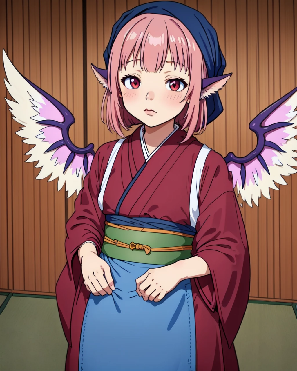 <lora:oka_mysty_v4:0.7>, 1girl, solo, animal_ears, sash code, tasuki, white_tasuki wings, OKMS, okamisty, mystia lorelei, maroon_kimono, blue_headscarf, indigo blue_apron, indoors, pink hair, aged_up, (anime_coloring:1.2)