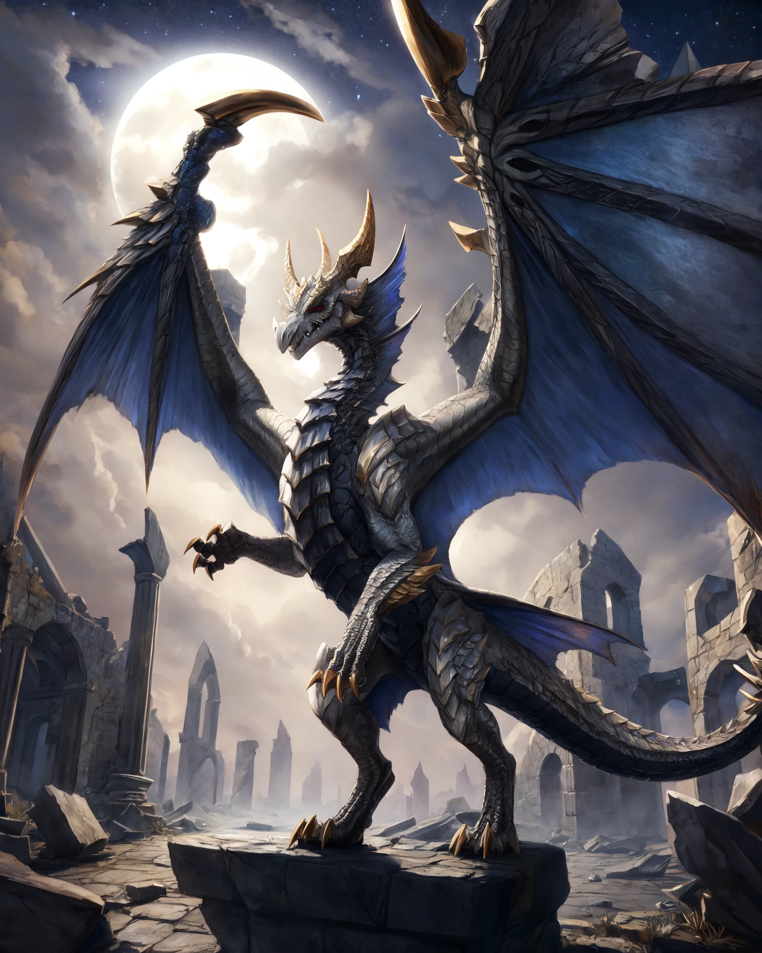 (feral:1.2),primordial malzeno,dragon,hi res,soft shading,good anatomy,tail,cinematic lighting,by seraziel,by woolrool,buta99,detailed background,outdoors,standing,ruins,red eyes,black sclera,wings,night,white scales,blue wings,realistic,gold accents,