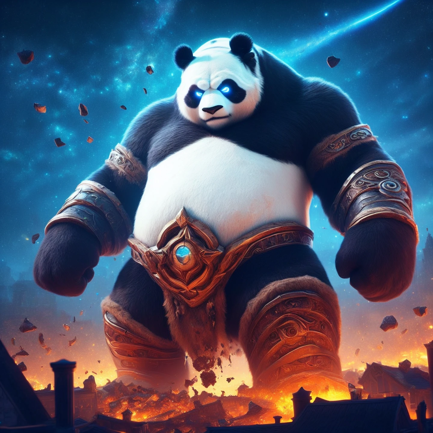 photorealistic, hyperrealistic, ultradetailed
outside, outdoors, night, starry sky, moonbeam, backlighting, landscape dwarfing1.5, city, city destruction, city foreground, detailed foreground, macrobear, 1boy, male, solo, solo focus, front view, full body, full-length portrait, giant panda, macro, giant, giga, detailed fur, thick fur, barazoku, slightly chubby, fat arms, fat legs, white belly, topless, topless male, broad shoulders, big chest, animal ears, bear ears, white eyes, glowing eyes, bear, handpaw, chubby face, chubby cheeks, thick neck, armlet, vambraces, breechcloth, plackart, looking down, fist, standing, looking at feet, bent legs, frown, serious face, fire, explosion, building destruction, city lights, debris
<lora:macrobearv3.1.4-000007:1>, digital drawing (artwork), raytracing, 4K UHD, high detail, vibrant, vivid, artistic, dark fantasy, raytracing, detailed background, realistic, detailed,