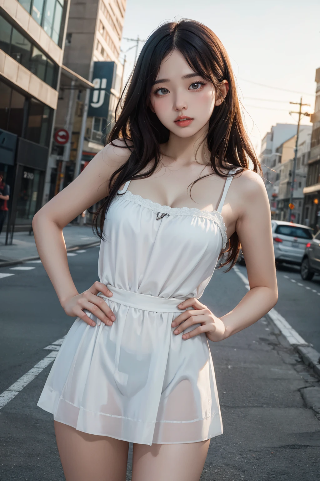 masterpiece, ultra realistic, 32k, extremely detailed CG unity 8k wallpaper, best quality
(masterpiece:1.2), (absurdres:1.2), (best quality:1.2), (looking at viewer), shiny skin, bare legs, cowboy shot, dress, outdoors, day, city, hands on hip, (white|black theme), medium breasts, sad face, (character on front)
<lora:JPV2-000002:1>, (masterpiece,best quality:1.5)