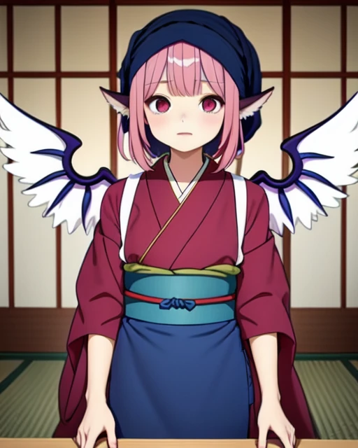 <lora:oka_mysty_v4:0.7>, 1girl, solo, animal_ears, sash code, tasuki, white_tasuki wings, OKMS, okamisty, mystia lorelei, (maroon_kimono:1.2), blue_headscarf, indigo blue_apron, indoors, pink hair, aged_up, anime_coloring