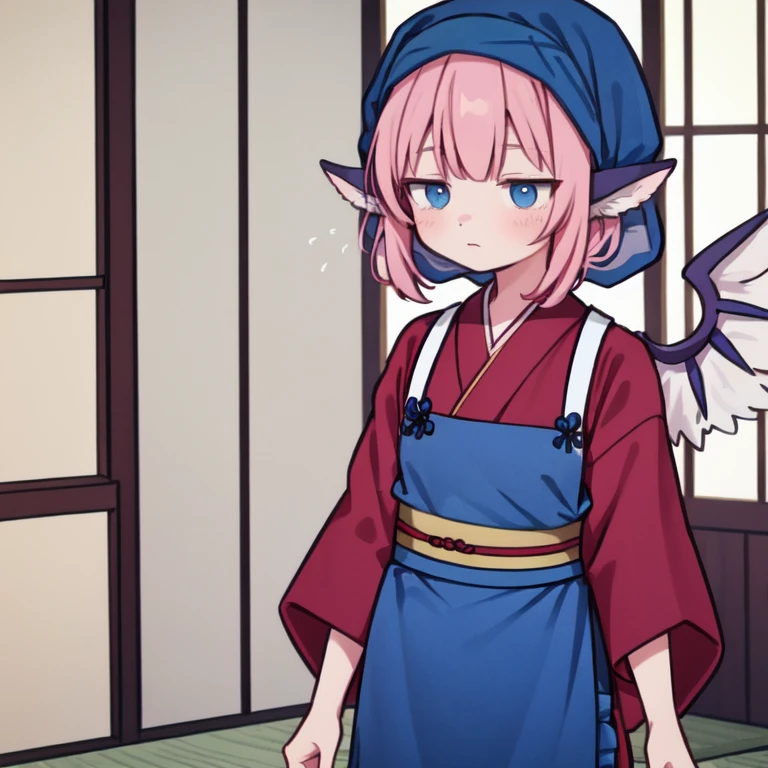 <lora:oka_mysty_v4:0.7>, 1girl, animal_ears, sash code, tasuki, white_tasuki wings, OKMS, okamisty, mystia lorelei, maroon_kimono, blue_headscarf, indigo blue_apron, indoors, pink hair