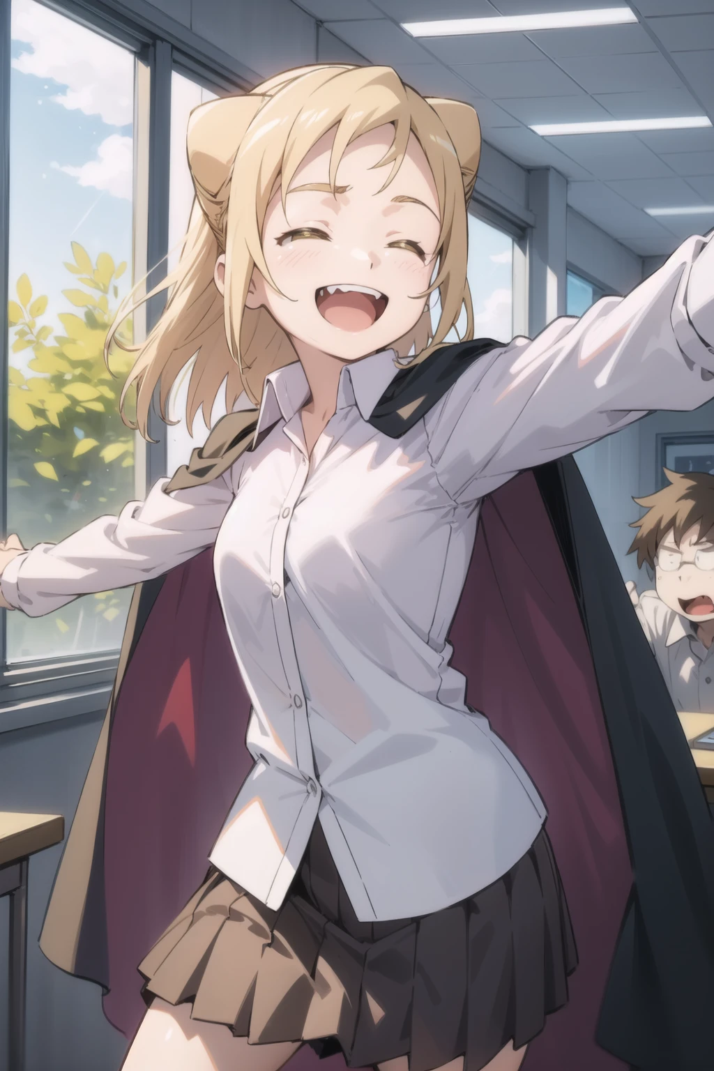 <lora:hikari-000005:1> hikari,
office, indoors,
1girl, solo,
dress shirt, brown skirt, cape, outstretched arms, laughing